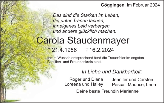 Traueranzeige von Carola Staudenmayer von Gmünder Tagespost