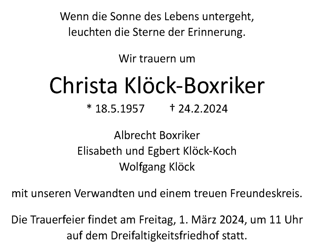  Traueranzeige für Christa Klöck-Boxriker vom 28.02.2024 aus Gmünder Tagespost