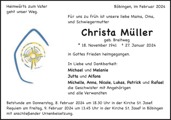 Traueranzeige von Christa Müller von Gmünder Tagespost