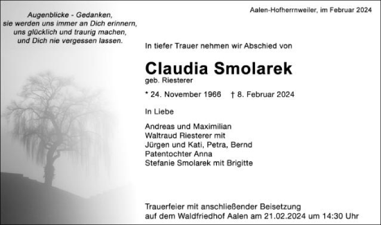 Traueranzeige von Claudia Smolarek von Schwäbische Post