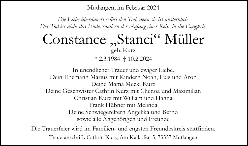  Traueranzeige für Constance Müller vom 16.02.2024 aus Gmünder Tagespost