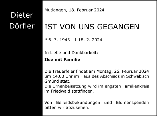 Traueranzeige von Dieter Dörfler von Gmünder Tagespost