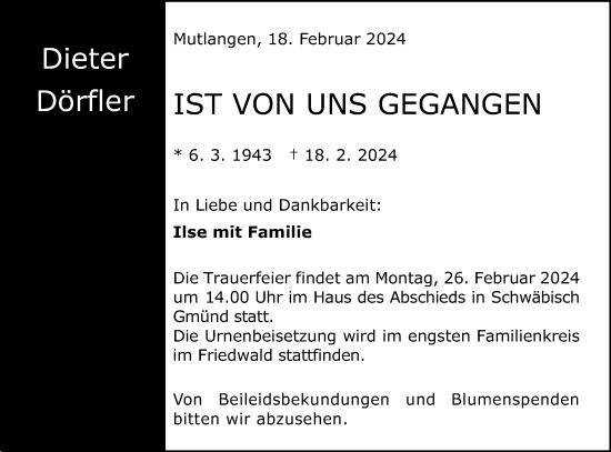 Traueranzeige von Dieter Dörfler