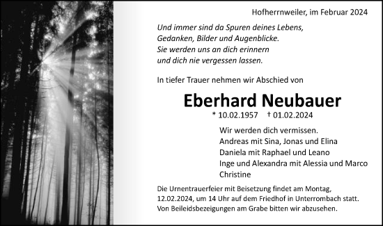 Traueranzeige von Eberhard Neubauer von Schwäbische Post