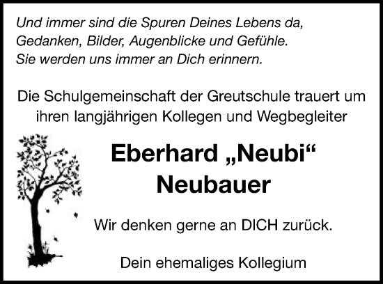 Traueranzeige von Eberhard Neubauer von Schwäbische Post