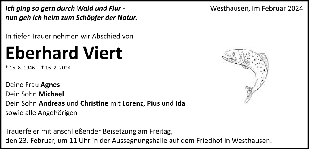  Traueranzeige für Eberhard Viert vom 21.02.2024 aus Schwäbische Post