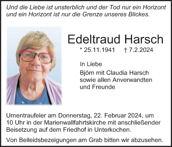 Traueranzeige von Edeltraud Harsch von Schwäbische Post