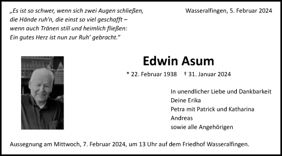 Traueranzeige von Edwin Asum von Schwäbische Post