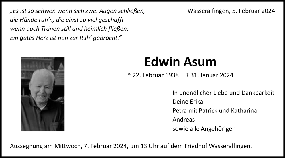  Traueranzeige für Edwin Asum vom 05.02.2024 aus Schwäbische Post