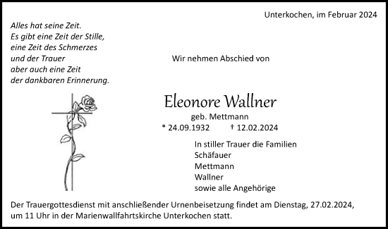 Traueranzeige von Eleonore Wallner von Schwäbische Post