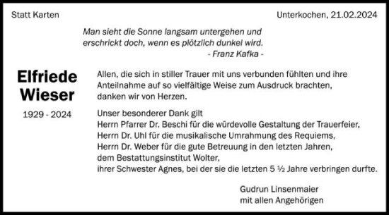 Traueranzeige von Elfriede Wieser von Schwäbische Post