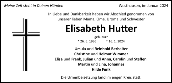 Traueranzeige von Elisabeth Hutter von Schwäbische Post