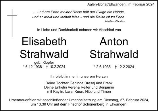 Traueranzeige von Elisabeth und Anton Strahwald von Schwäbische Post