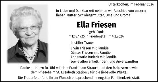 Traueranzeige von Ella Friesen von Schwäbische Post