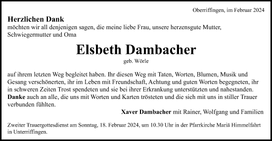 Traueranzeige von Elsbeth Dambacher von Schwäbische Post