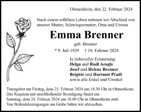 Traueranzeige von Emma Brenner von Schwäbische Post