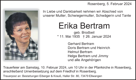 Traueranzeige von Erika Bertram von Schwäbische Post