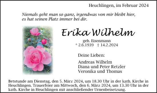 Traueranzeige von Erika Wilhelm von Gmünder Tagespost