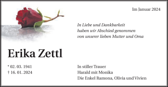 Traueranzeige von Erika Zettl von Schwäbische Post