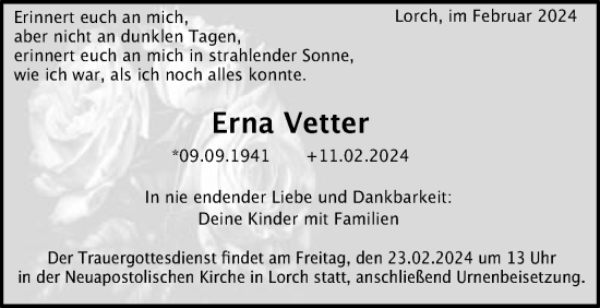 Traueranzeige von Erna Vetter von Gmünder Tagespost