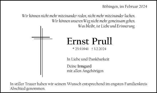 Traueranzeige von Ernst Prull von Gmünder Tagespost