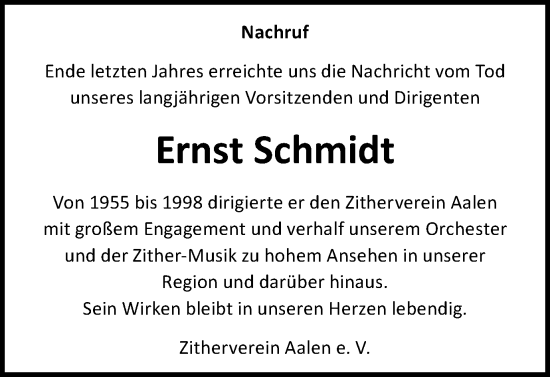 Traueranzeige von Ernst Schmidt von Schwäbische Post