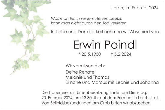 Traueranzeige von Erwin Poindl von Gmünder Tagespost