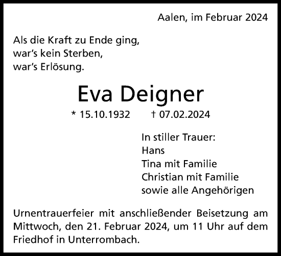 Traueranzeige von Eva Deigner von Schwäbische Post
