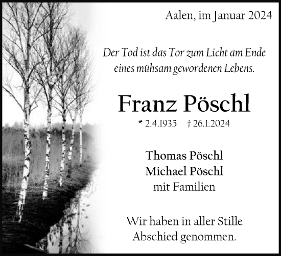 Traueranzeige von Franz Pöschl von Schwäbische Post