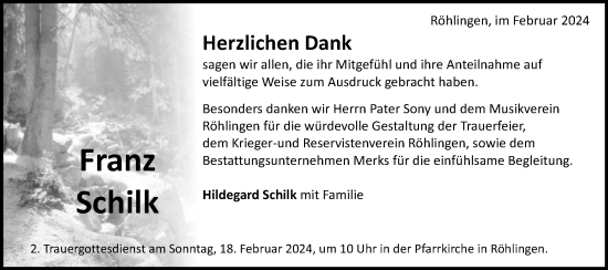 Traueranzeige von Franz Schilk von Schwäbische Post