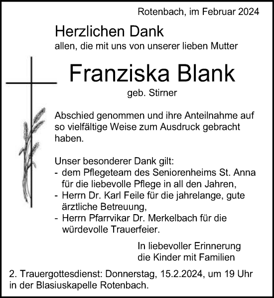 Traueranzeige von Franziska Blank von Schwäbische Post