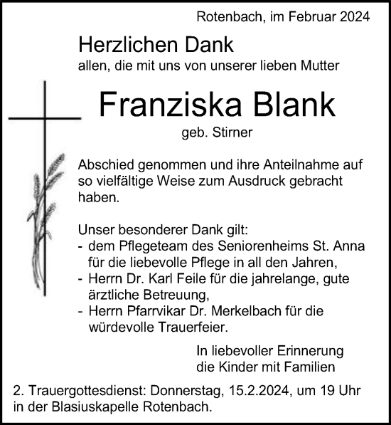 Traueranzeige von Franziska Blank