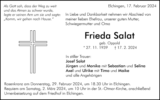 Traueranzeige von Frieda Salat von Schwäbische Post