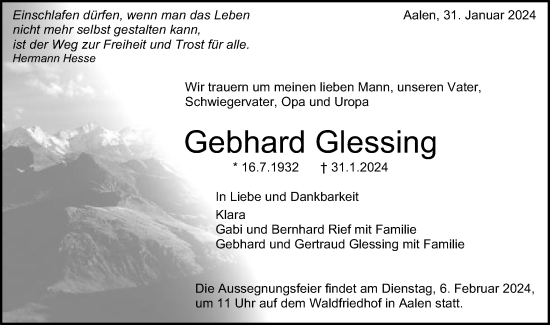 Traueranzeige von Gebhard Glessing von Schwäbische Post