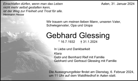 Traueranzeige von Gebhard Glessing