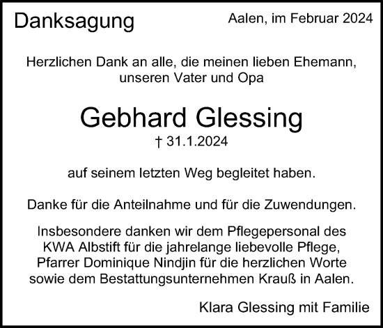 Traueranzeige von Gebhard Glessing von Schwäbische Post