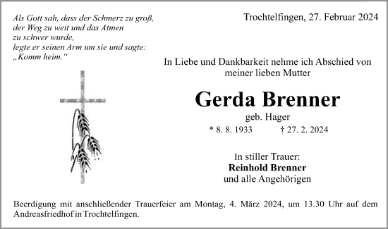 Traueranzeige von Gerda Brenner von Schwäbische Post