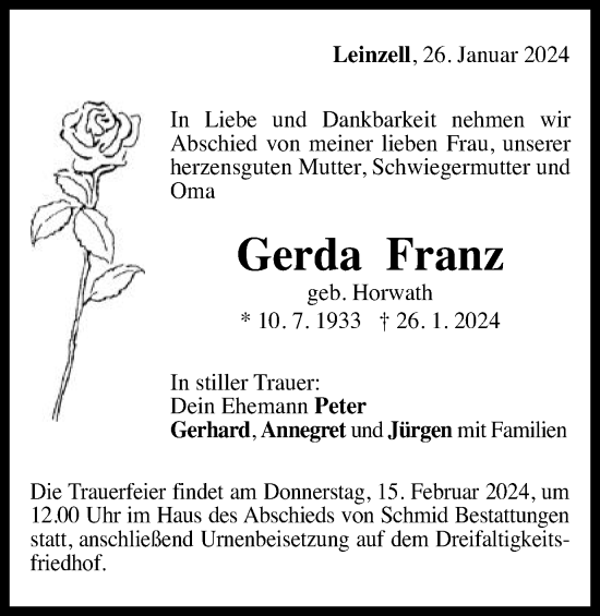 Traueranzeige von Gerda Franz von Gmünder Tagespost