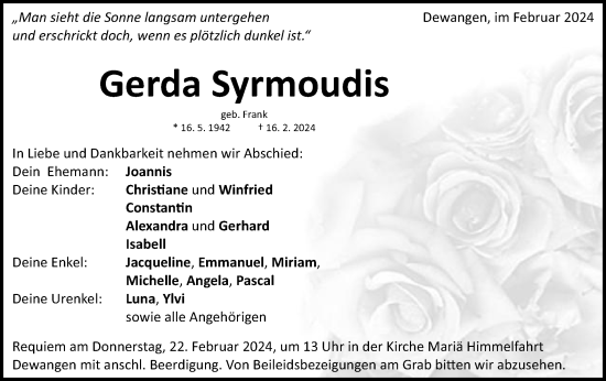 Traueranzeige von Gerda Syrmoudis von Schwäbische Post