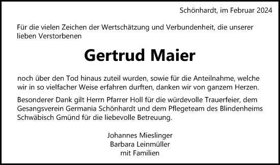Traueranzeige von Gertrud Maier von Gmünder Tagespost