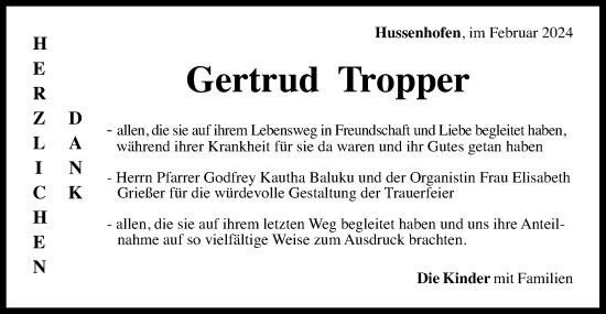 Traueranzeige von Gertrud Tropper von Gmünder Tagespost