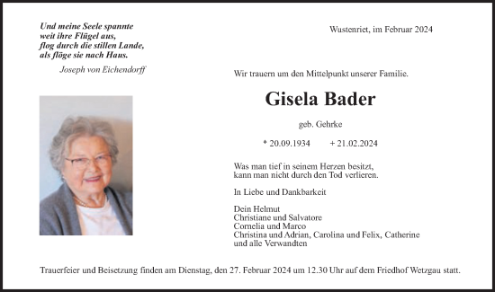 Traueranzeige von Gisela Bader von Gmünder Tagespost
