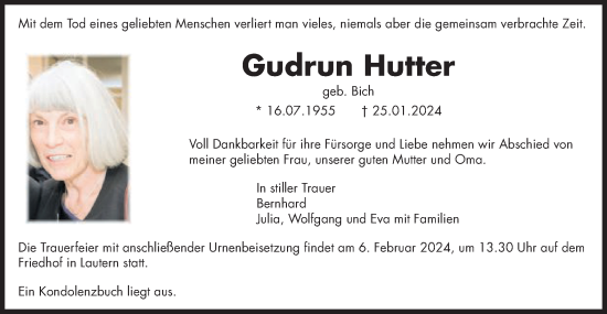 Traueranzeige von Gudrun Hutter von Schwäbische Post