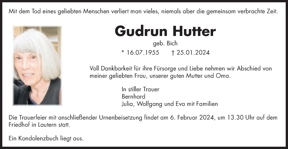  Traueranzeige für Gudrun Hutter vom 01.02.2024 aus Schwäbische Post