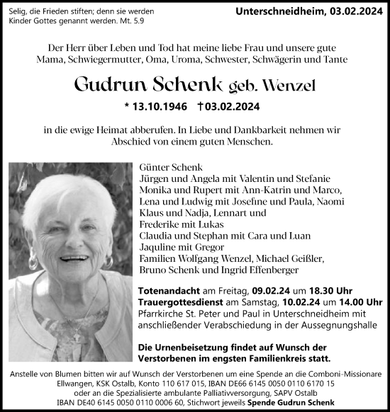 Traueranzeige von Gudrun Schenk von Schwäbische Post