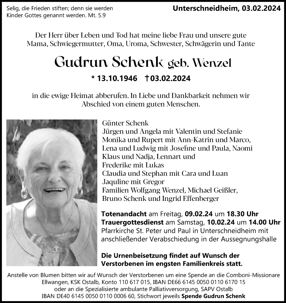  Traueranzeige für Gudrun Schenk vom 07.02.2024 aus Schwäbische Post