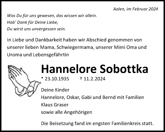 Traueranzeige von Hannelore Sobottka von Schwäbische Post