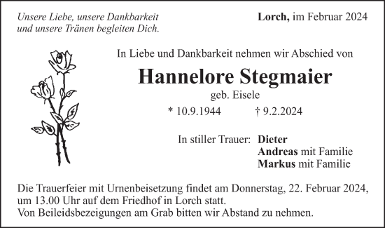 Traueranzeige von Hannelore Stegmaier von Gmünder Tagespost