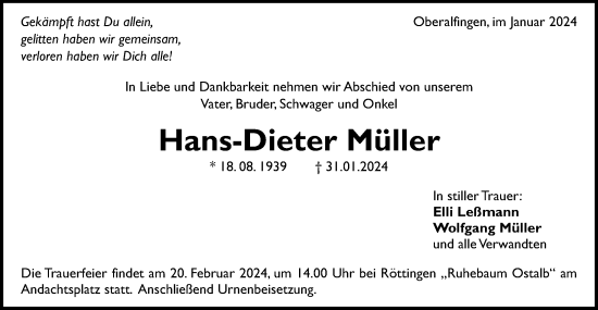 Traueranzeige von Hans-Dieter Müller von Schwäbische Post