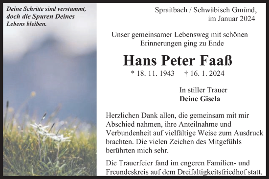 Traueranzeige von Hans Peter Faaß von Gmünder Tagespost